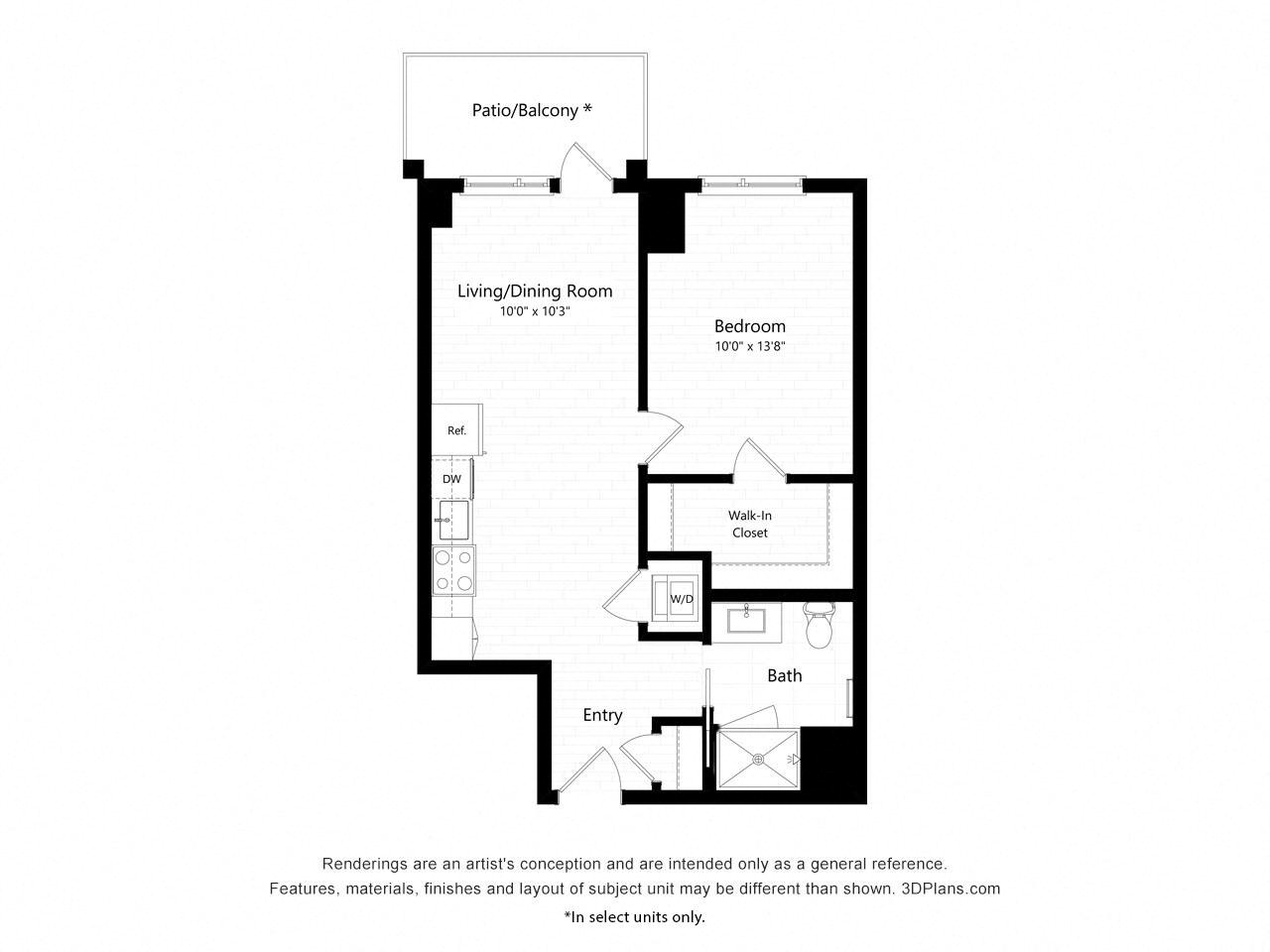 Floor plan for 1 bed, 1 bath, 607 sqft